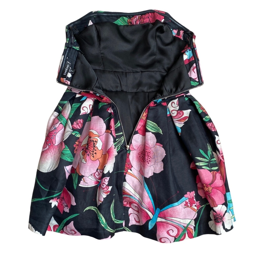 Y2K BEBE Linen Silk Floral Strapless Mini Dress Size XS Black‎ Party Cocktail - Picture 7 of 10